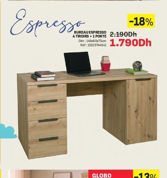 BUREAU ESPRESSO 4 TIROIRS + 1 PORTE chez Kitea