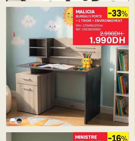 MALICIA Bureau 1 porte + 1 tiroir + environnement chez Kitea