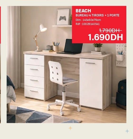 BEACH BUREAU 4 TIROIRS + 1 PORTE chez Kitea