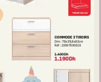 Commode 3 tiroirs CHARLY 78x39,8x82cm chez Kitea