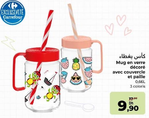 Mug en verre décoré avec couvercle et paille