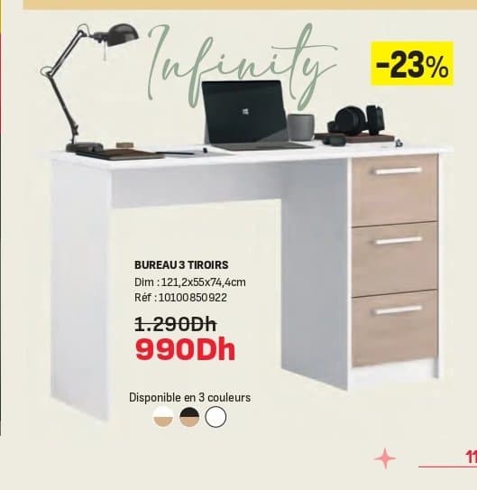 INFINITY Bureau 3 tiroirs chez Kitea