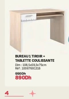 Bureau 1 tiroir + tablette coulissante CHARLY 108,5x59,3x75cm chez Kitea