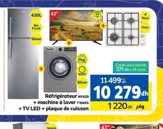 Pack Réfrigérateur NF420 + Machine à laver T1045S + TV LED + Plaque de cuisson chez Marjane