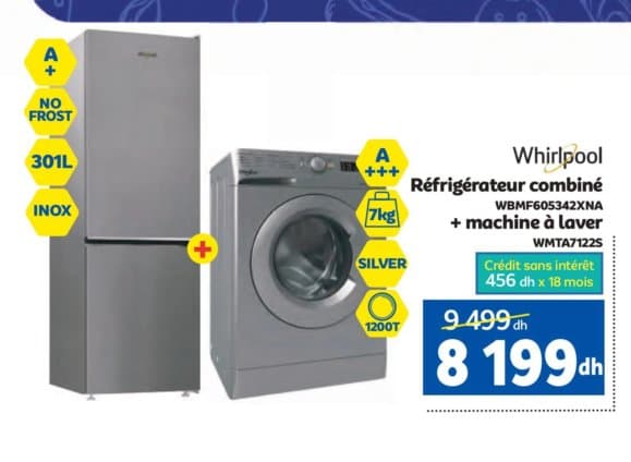 Pack Whirlpool Réfrigérateur WBMF605342XNA + Machine à laver WMTA7122S chez Marjane