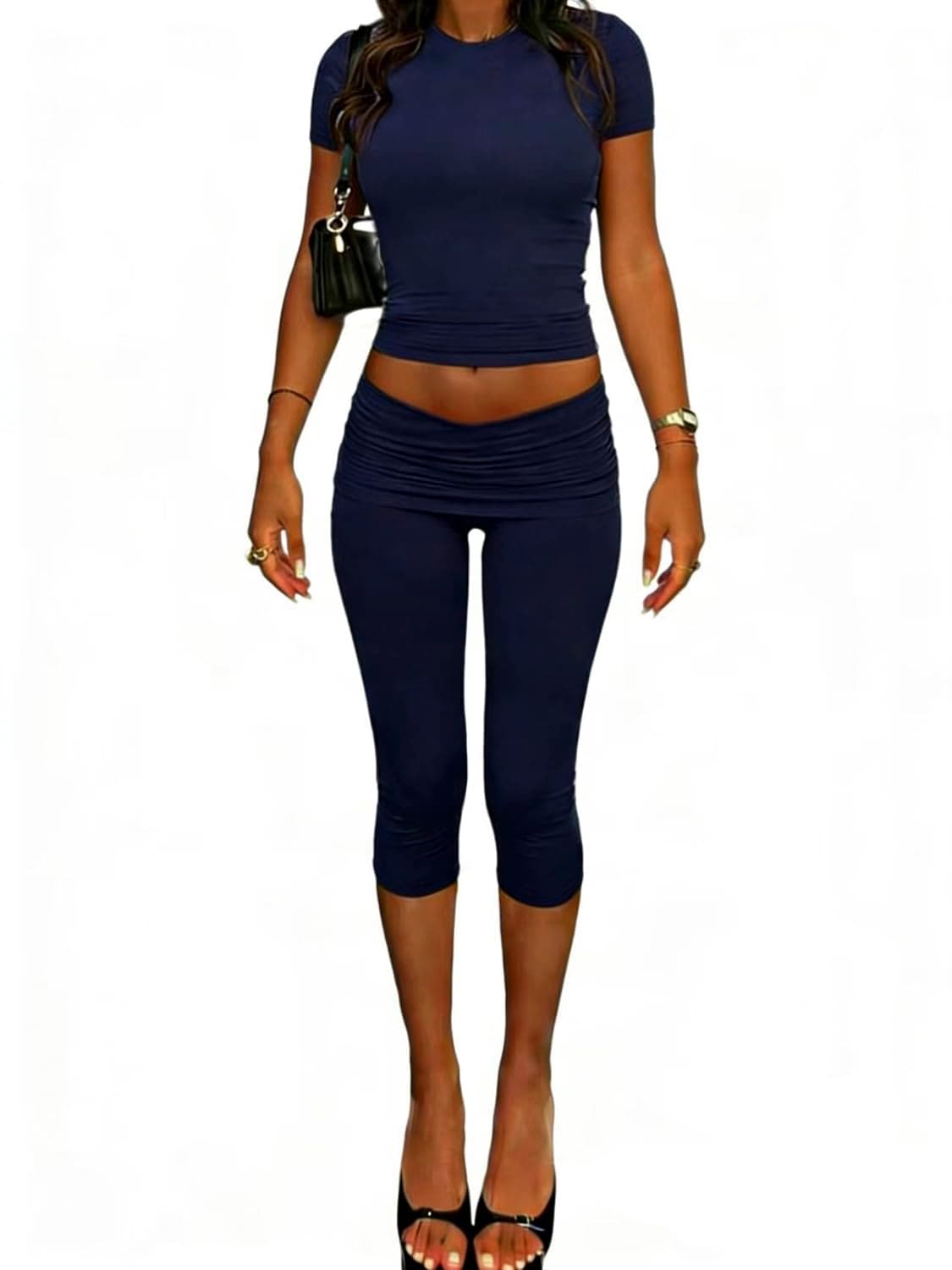 ZFLM casual sports women's two-piece set with short sleeves exposed navel high waistfoldable cropped pants sports suit chez Amazon US