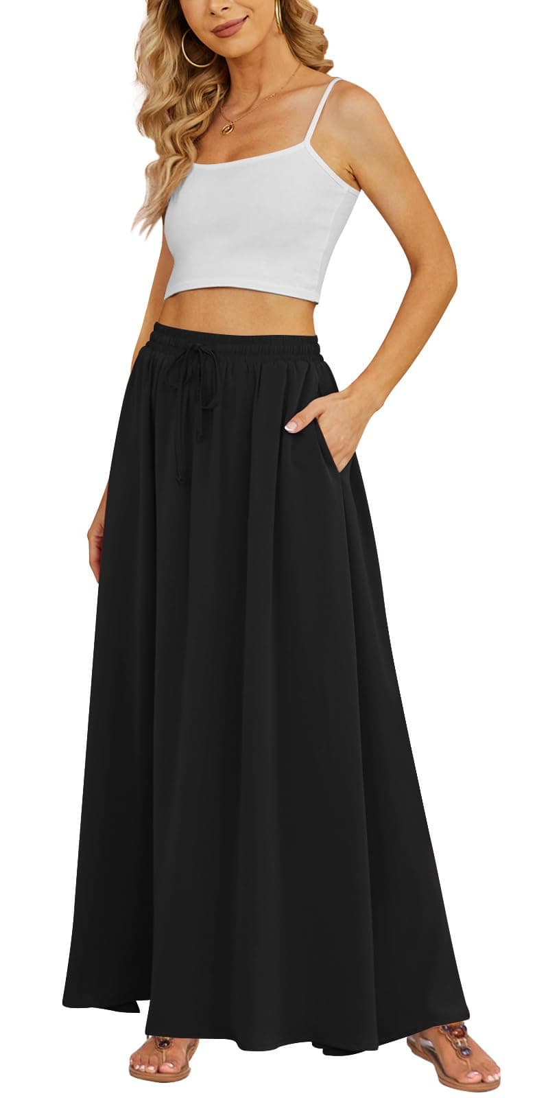 Yincro Women's Maxi Skirt Flowy High Waist Casual Long Skirts with Pockets | A-Line Flared Hem, Elastic Waistband with Drawstring chez Amazon US