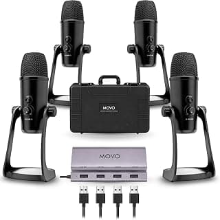 Movo 4-Person USB Podcast Equipment Bundle – 4 Condenser Mics, Hub & Case chez Amazon US