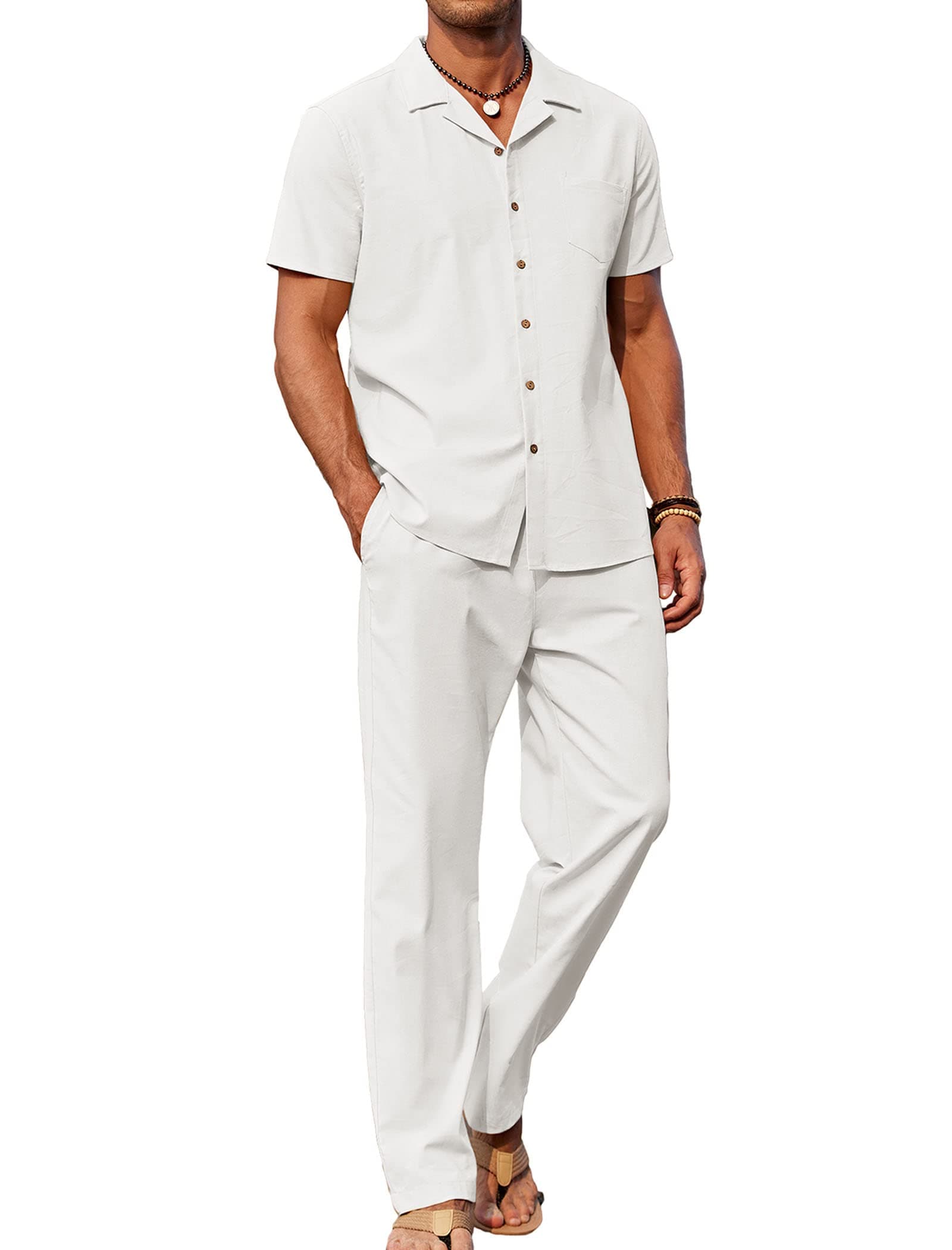 COOFANDY Men 2 Piece Linen Outfit Beach Button Down Shirt Casual Loose Pant Sets chez Amazon US
