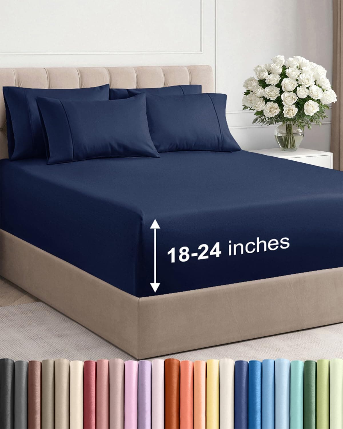 Extra Deep Queen Sheet Set - 6 Piece Breathable Cooling Sheets - Navy Blue chez Amazon Canada