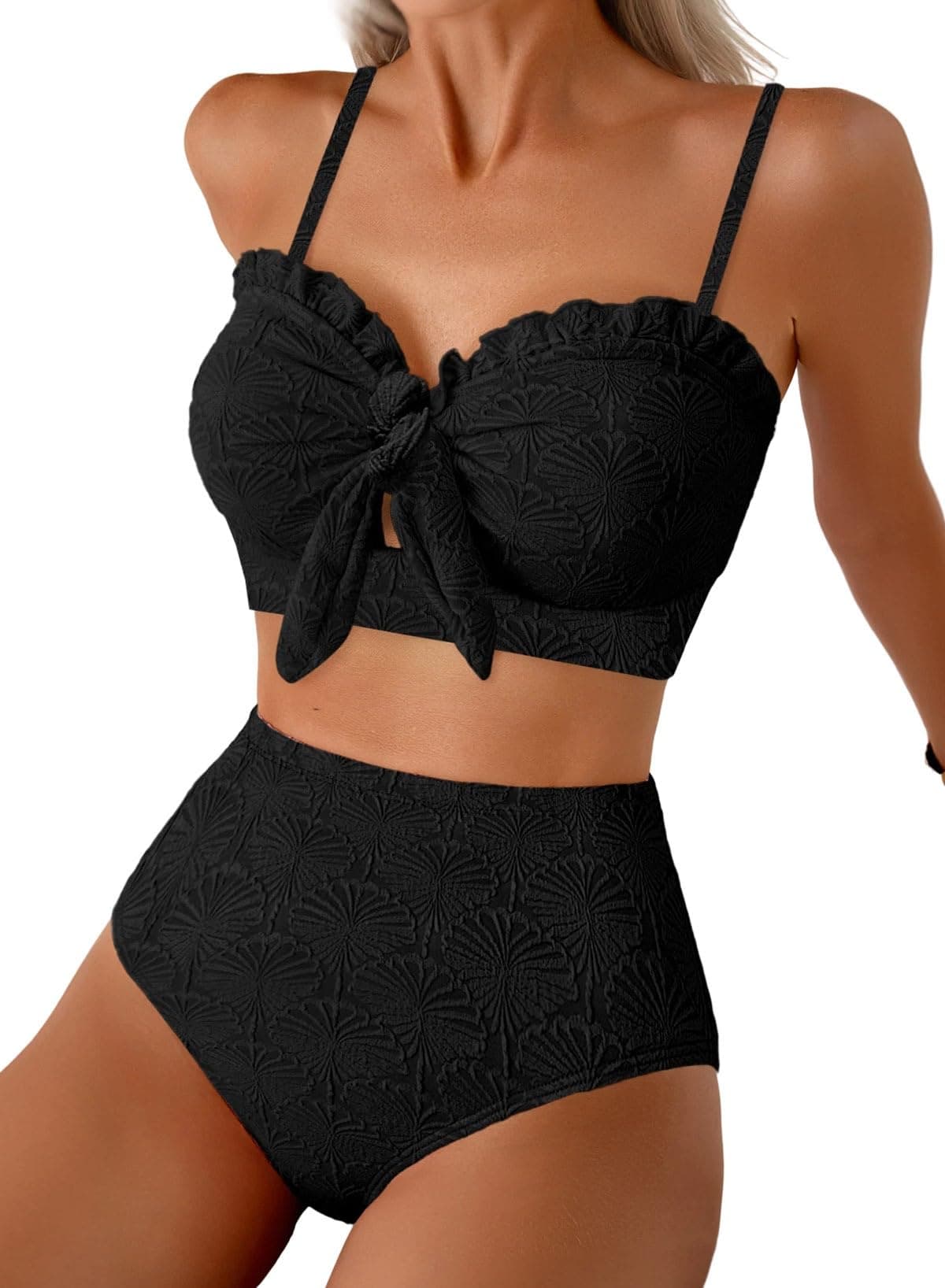 Herseas Women's Seashell Textured Bikini Sets Knotted Front 2 Piece Swimsuits Ruffle Trim Bathing Suits chez Amazon US
