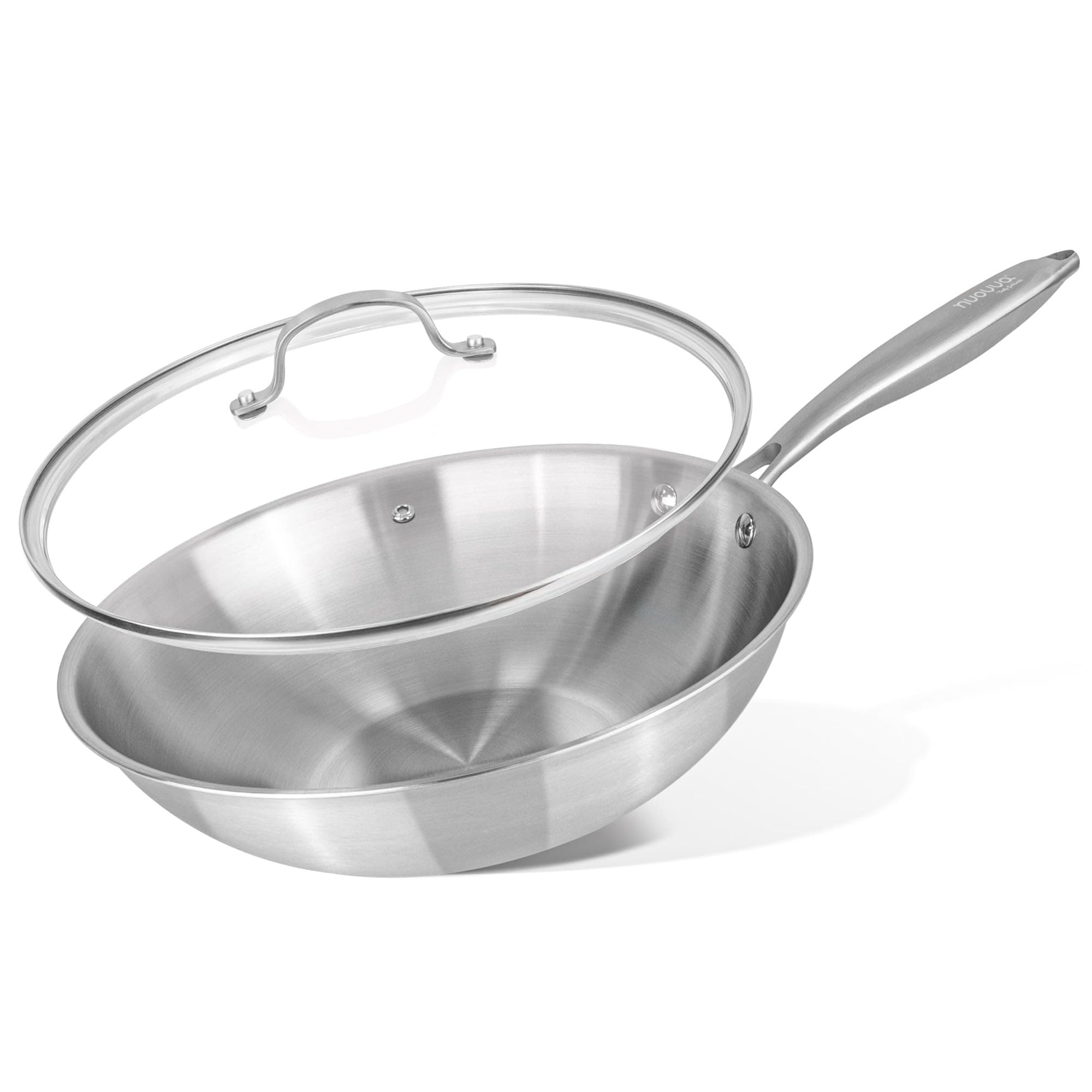 nuovva Stainless Steel Frying Pan Wok Non Stick – Induction Deep Stir Fry Pan – 28cm Frying Pan with Glass Lid chez Amazon UK