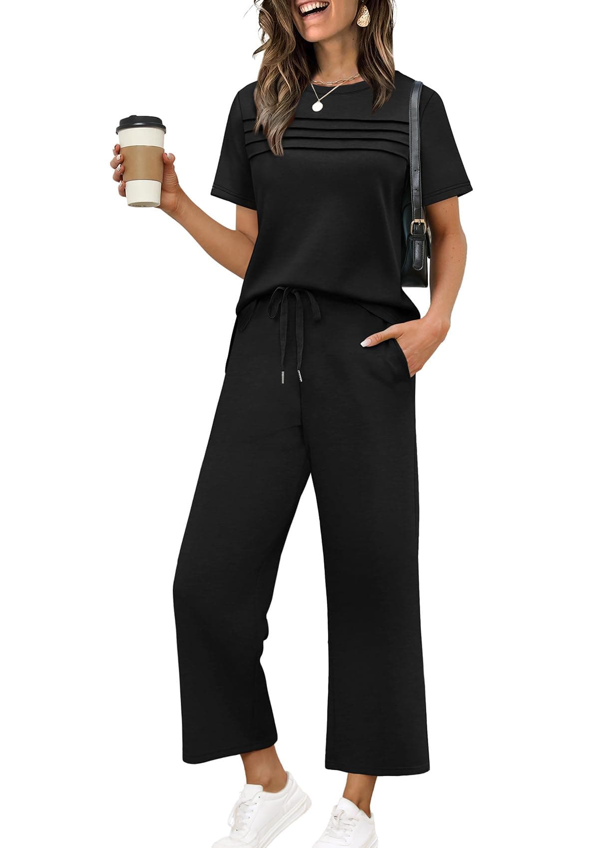 WIHOLL Two Piece Sets for Women Summer Fall Travel Vacation Outfits Short Sleeve Lounge Sets Side Slit Wide Leg Pants S-3XL chez Amazon US