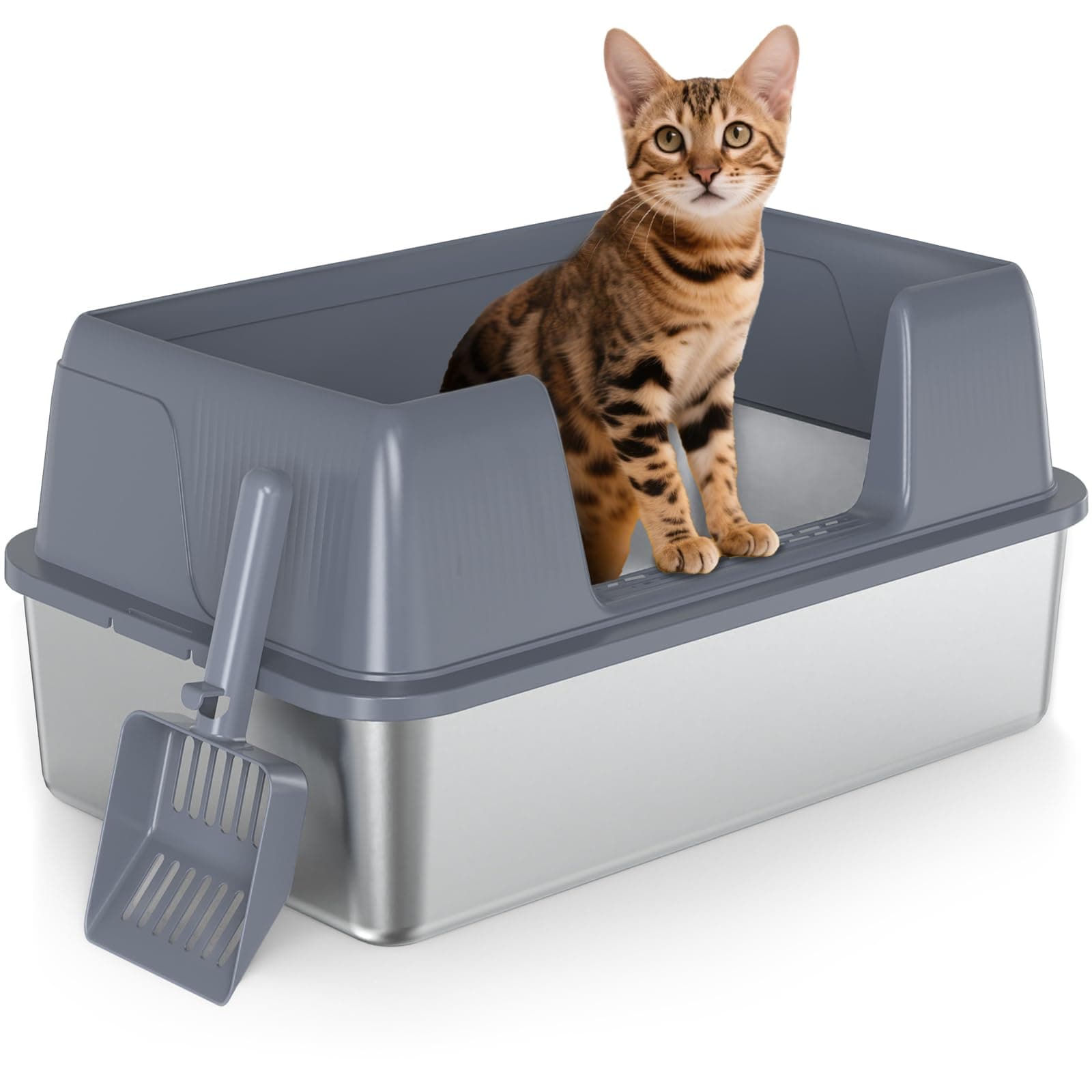 Vivifying Stainless Steel Cat Litter Tray with Scoop, XL Cat Litter Tray | Easy to Clean and Odour-Resistant Stainless Steel Cat Litter Box chez Amazon UK