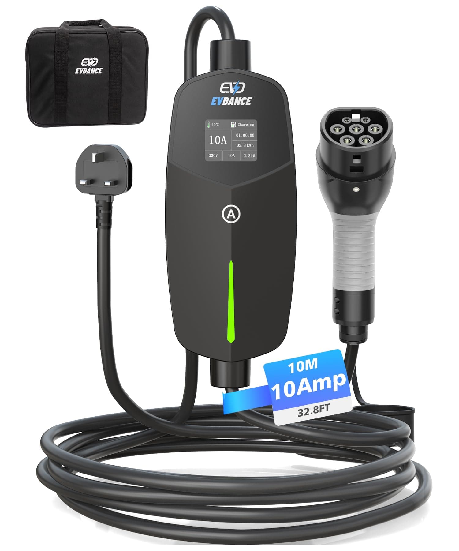 EVDANCE EV Charger 3 Pin Plug for EV & PHEV | 32.8ft/10m [6/8/10A], IP66 Type 2 Portable Electric Car Charger for Home & Travel, Black chez Amazon UK