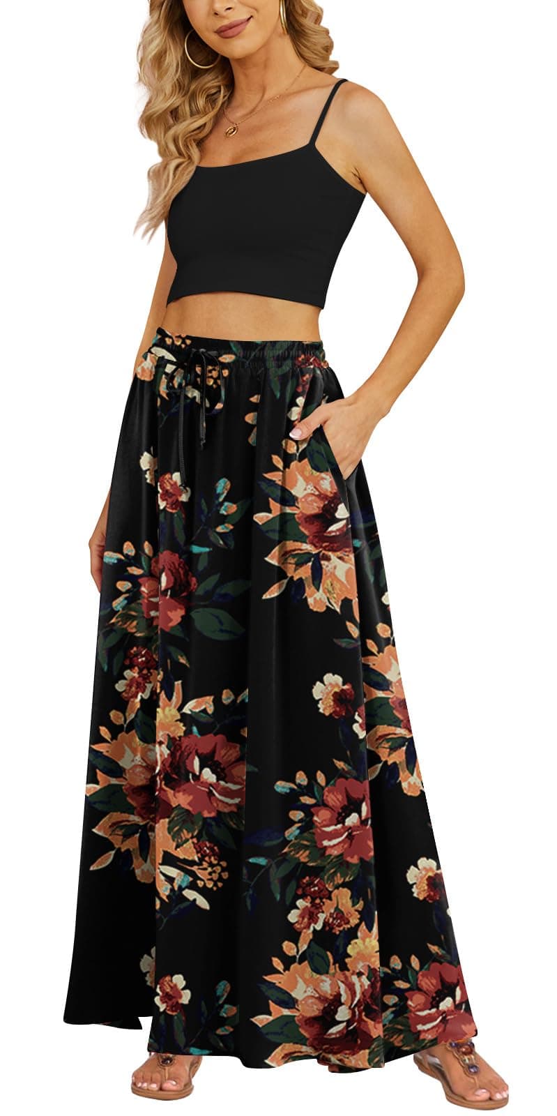 Yincro Women's Maxi Skirt Flowy High Waist Casual Long Skirts with Pockets | A-Line Flared Hem, Elastic Waistband with Drawstring chez Amazon US