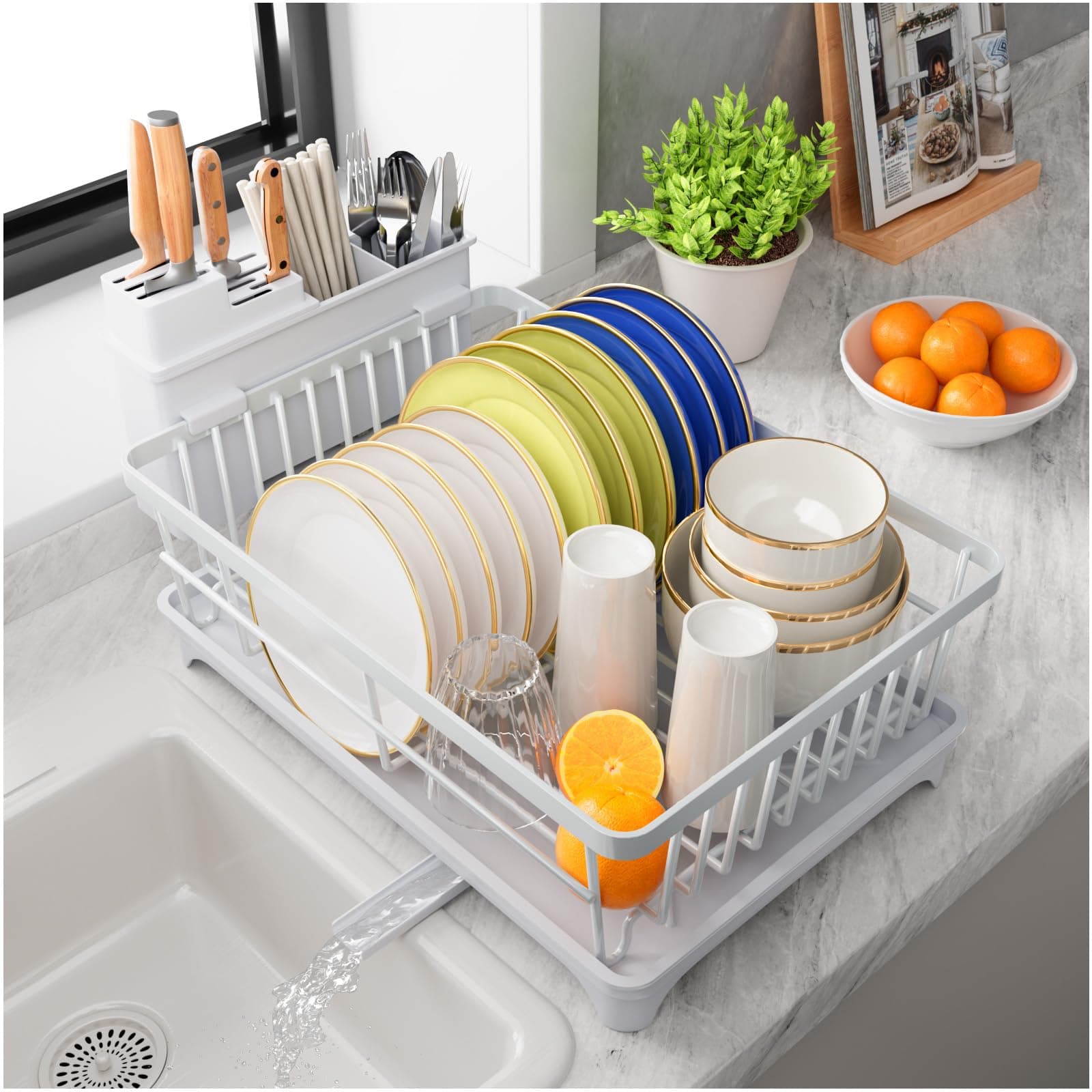 PurKeep Dish Drainer Rack,Dish Rack with Utensil Holder | Space-Saving Dish Drying Rack with Draining Board for Kitchen Counter,White chez Amazon UK