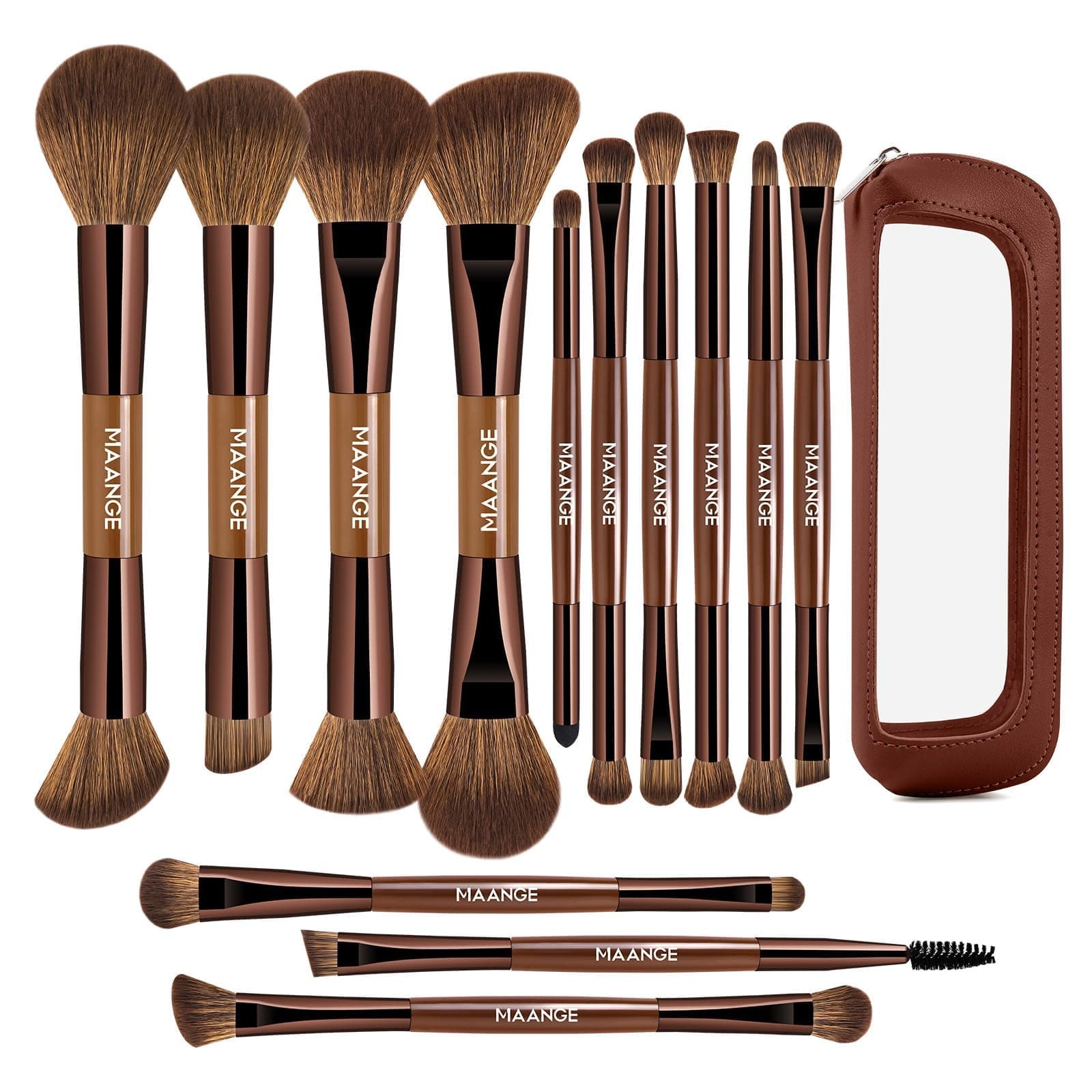 MAANGE13Pcs Makeup Brushes with Case, Professional Vegan Makeup Brush Set for Foundation, Powder, Eyeshadow, Dual-Ended Face Brushes, Brown chez Amazon UK