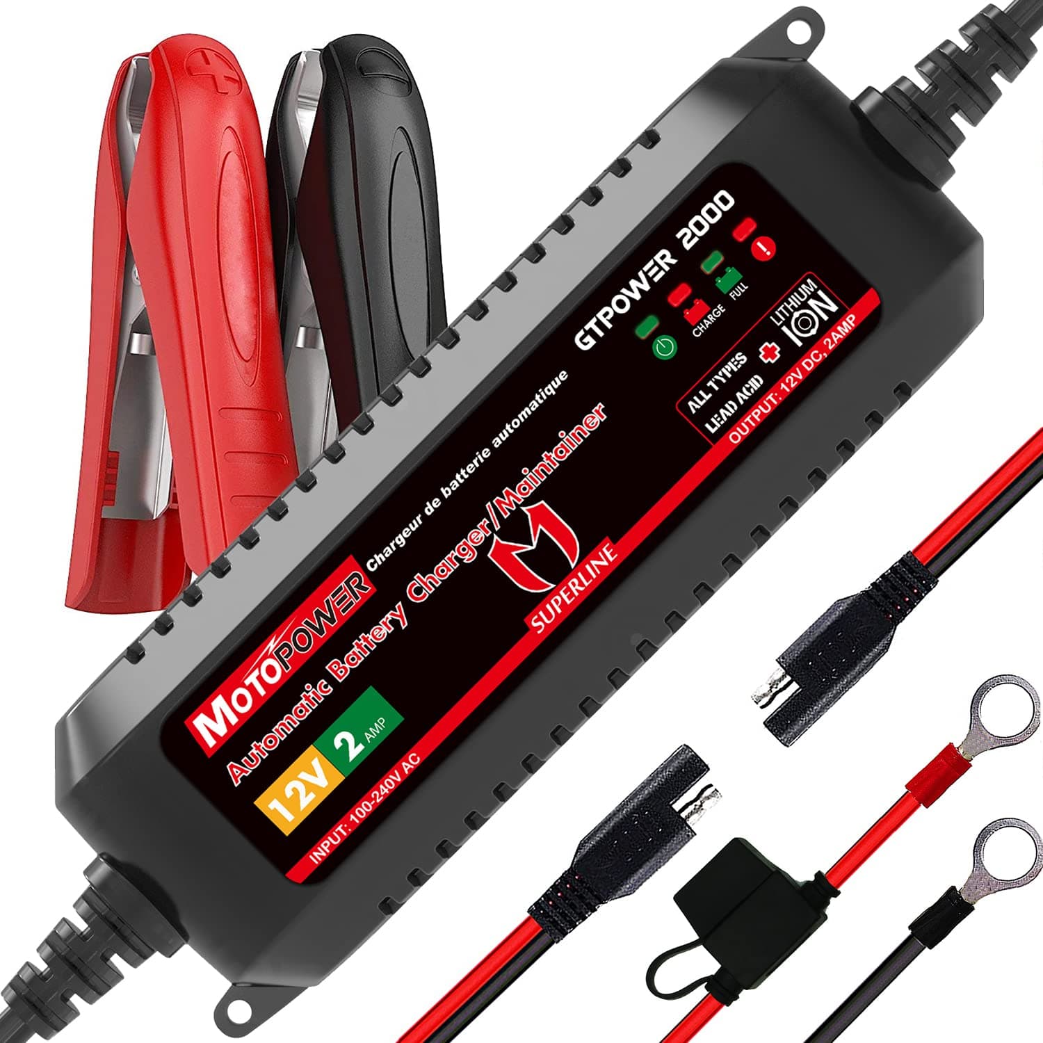 MOTOPOWER MP00207A 12V 2Amp Automatic Battery Charger and Maintainer | For Lead-Acid & Lithium Batteries chez Amazon UK