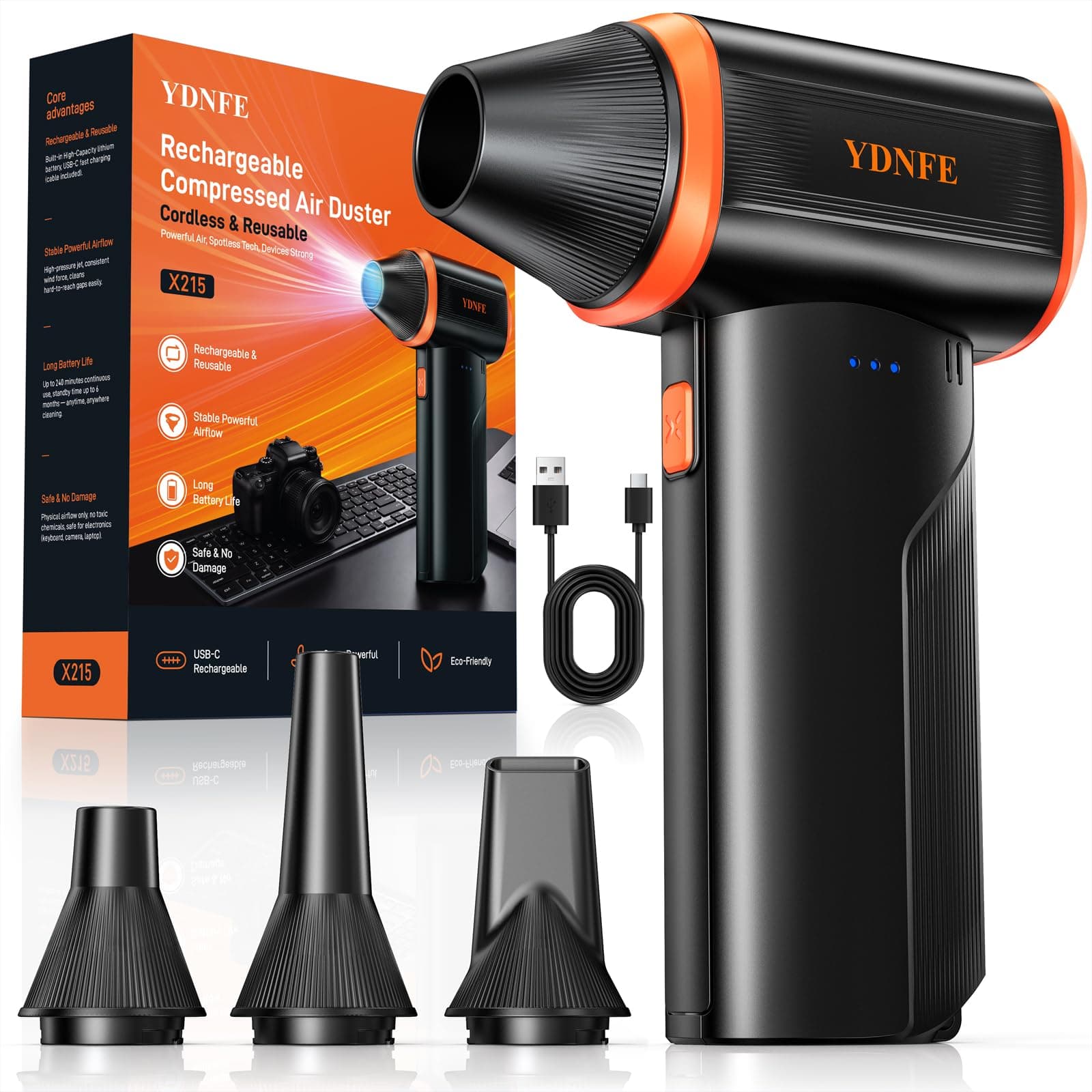 YDNFE Compressed Air Duster 280,000 RPM - Electric, Rechargeable Air Blower | 3-Speed Adjustable, Mini, Fast Charging, 4 Nozzles for... chez Amazon US