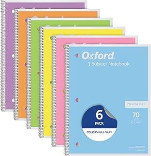Oxford Lot de 6 cahiers à spirale 1 sujet, papier ligné pour université, 20,3 x 26,7 cm, rose pastel, orange, jaune, vert, bleu,... chez Amazon Canada