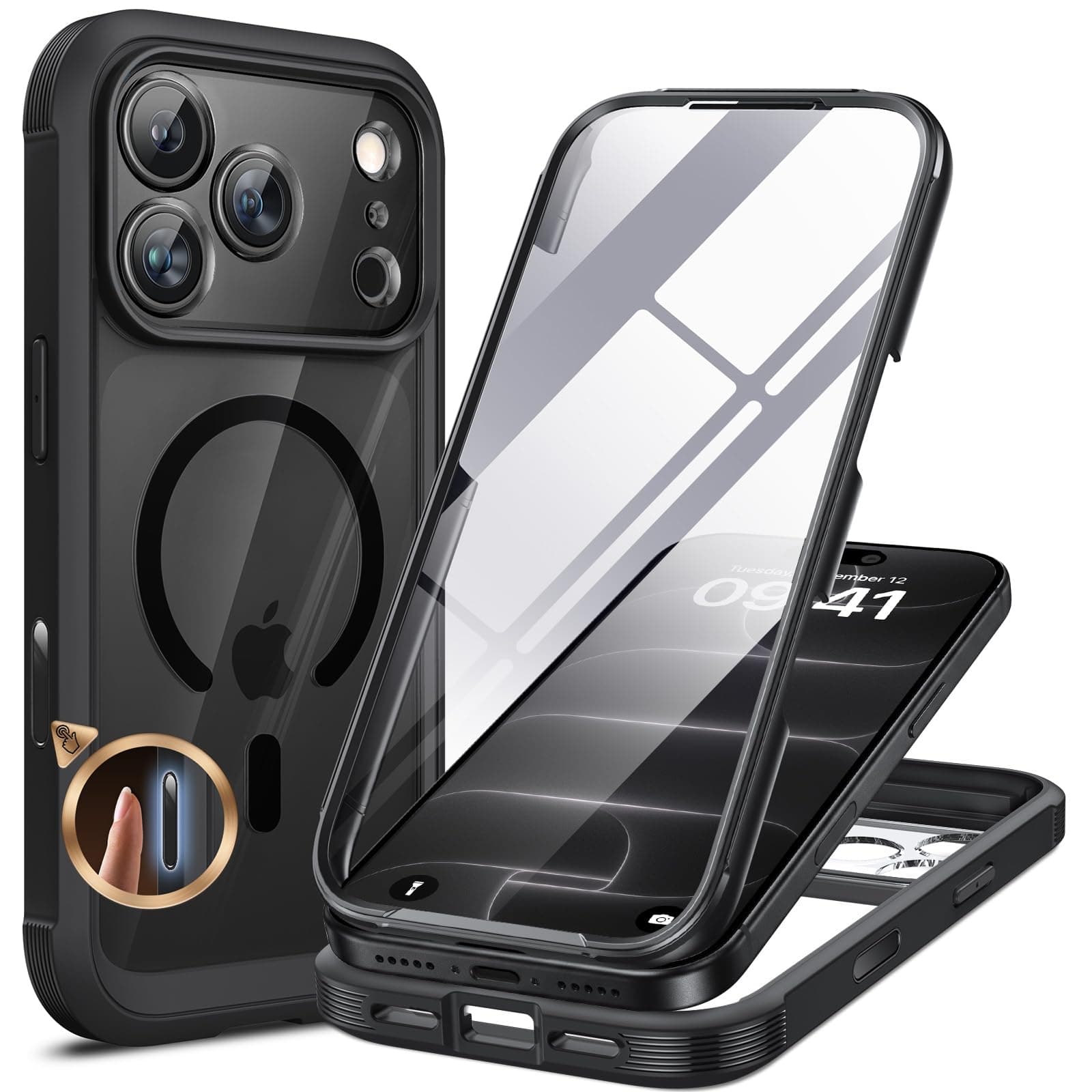 Miracase for iPhone 18 Pro Case Full-Body Cover with Glass Screen Protector | Black丨Full Body Protection丨Magnetic with MagSafe丨Camera... chez Amazon UK