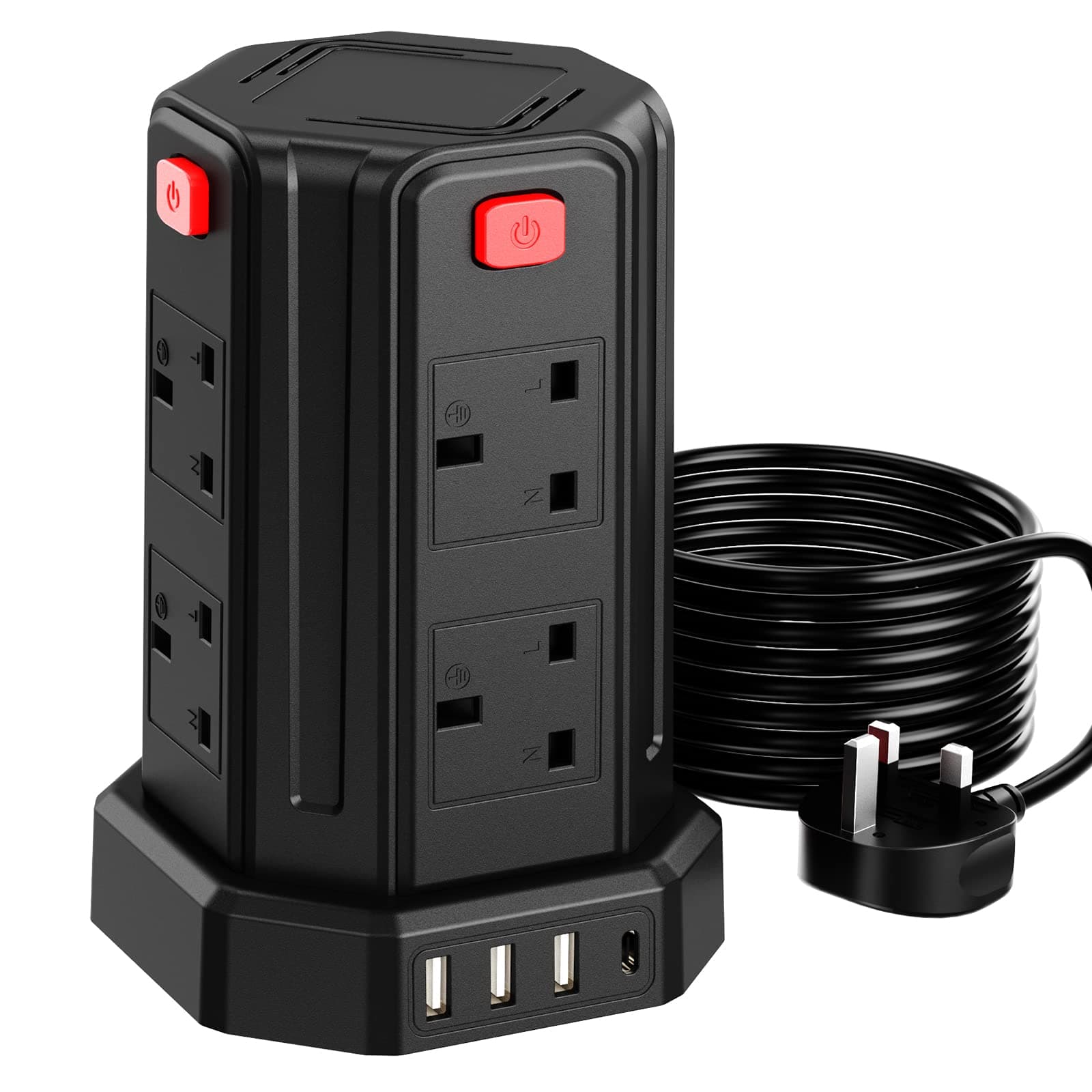 Tower Extension Lead 3M, 8 AC Outlets and 4 USB Ports Extension chez Amazon UK