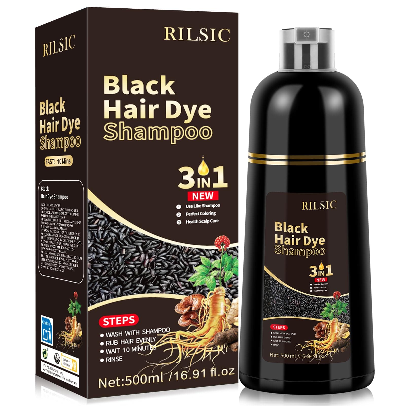 500ML Black Hair Dye Shampoo for Grey Hair Beard Coverage | 3 in 1, Instant Colour, For Men & Women chez Amazon UK