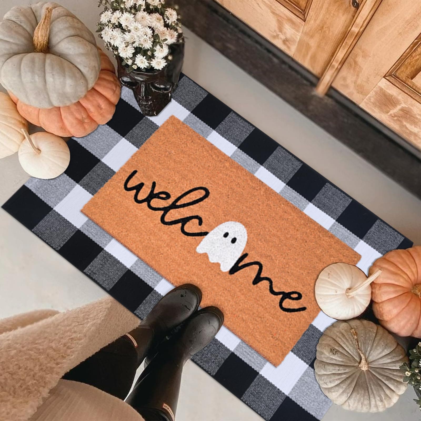 Halloween Door Mat Combo Set, Welcome Ghost Coco Coir Welcome Doormat + 28" x 43" Black and White Plaid Rug, Autumn chez Amazon US