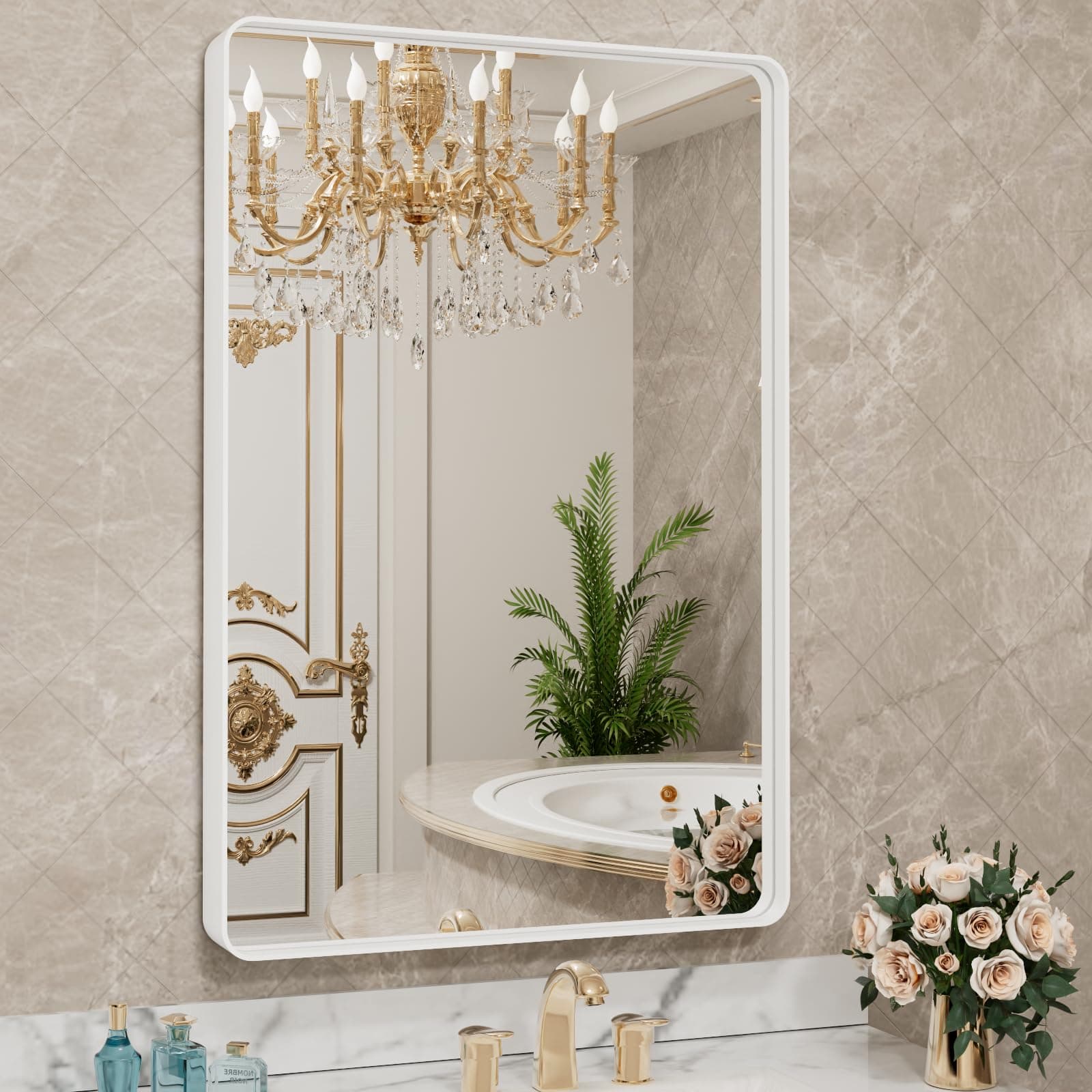 LOAAO 24x36 Inch White Metal Framed Bathroom Mirror | Rounded Rectangle, Anti-Rust, Hangs Horizontally or Vertically chez Amazon US