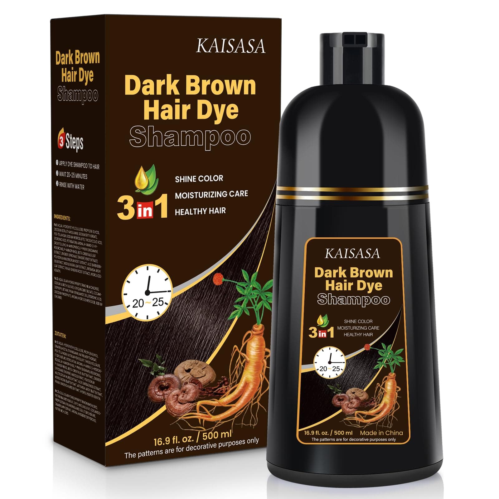 DarkBrown Hair Dye Shampoo 3 in 1, Natural Hair Dye Semi Permanent Hair Color Gray Cover Up for Treated for Women and Men, 400ML chez Amazon UK