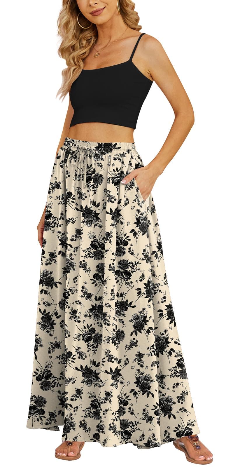 Yincro Women's Maxi Skirt Flowy High Waist Casual Long Skirts with Pockets | A-Line Flared Hem, Elastic Waistband with Drawstring chez Amazon US