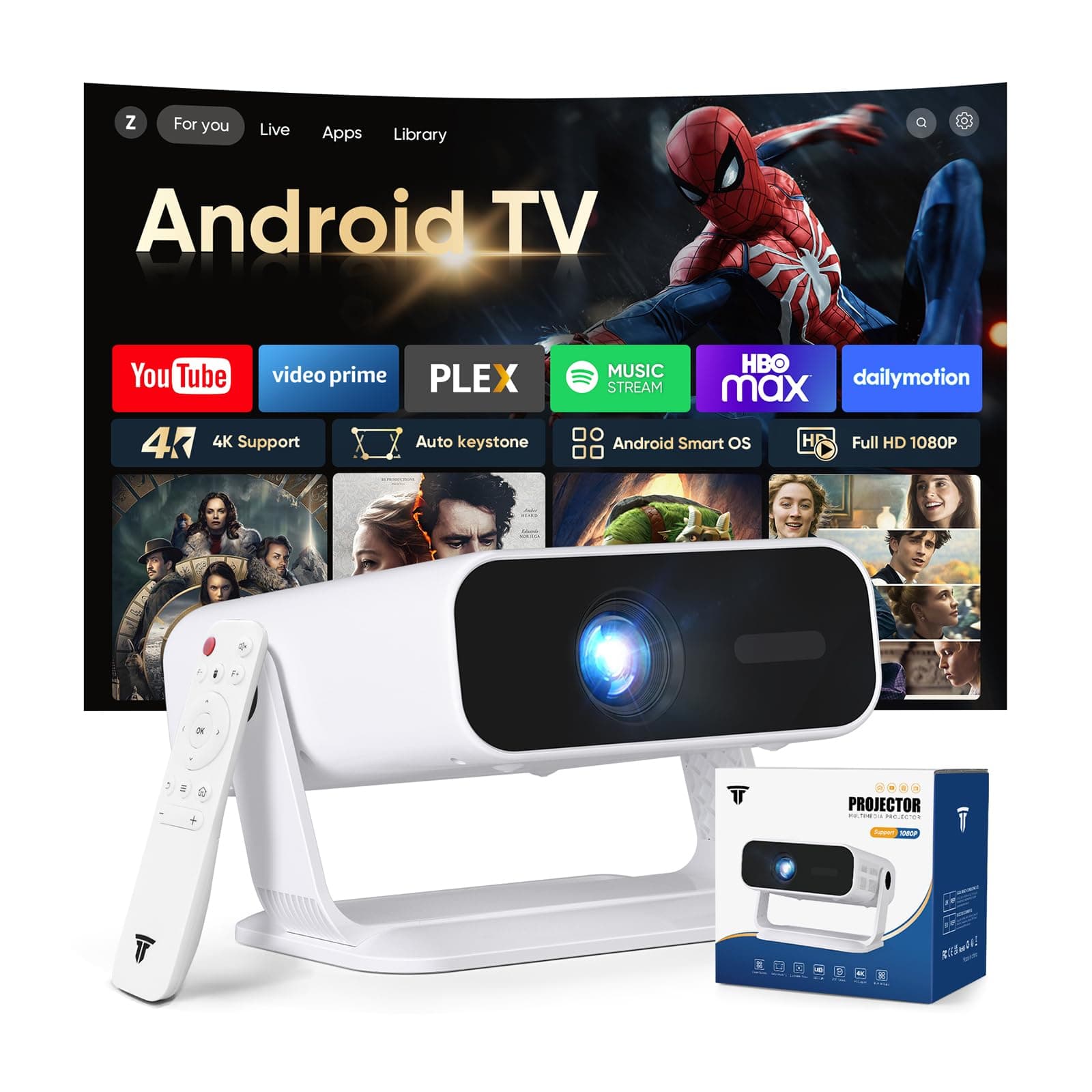 2026 New Smart Projector Built-in Apps Android 14 Native 1080P 4K Supported | WiFi 6 Bluetooth 5.4, 550 ANSI Lumens, Low Fan Noise... chez Amazon UK