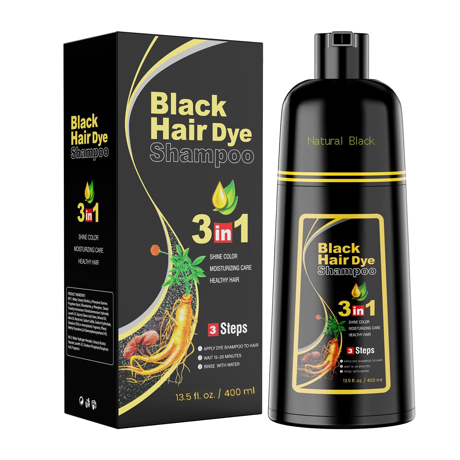 Black Hair Dye Shampoo 3 in 1, Herbal Dye Shampoo for Grey Hair Coverage Hair Color for Women and Men (Natural Black) 400ml chez Amazon UK