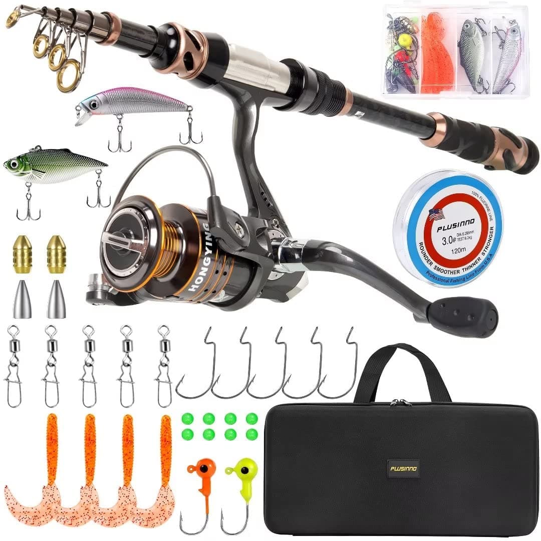 PLUSINNO Fishing Rod and Reel Combos - Carbon Fiber Telescopic Fishing Pole - Spinning Reel 12 +1 Shielded Bearings Stainless Steel BB chez Amazon US