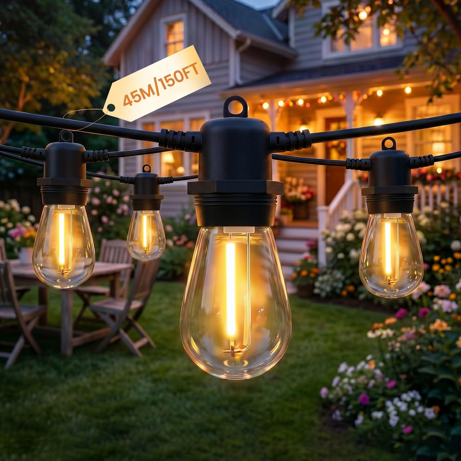 Bomcosy S14 Festoon Lights Outdoor 45M IP65,45+3 Shatterproof Bulbs 2700K chez Amazon UK