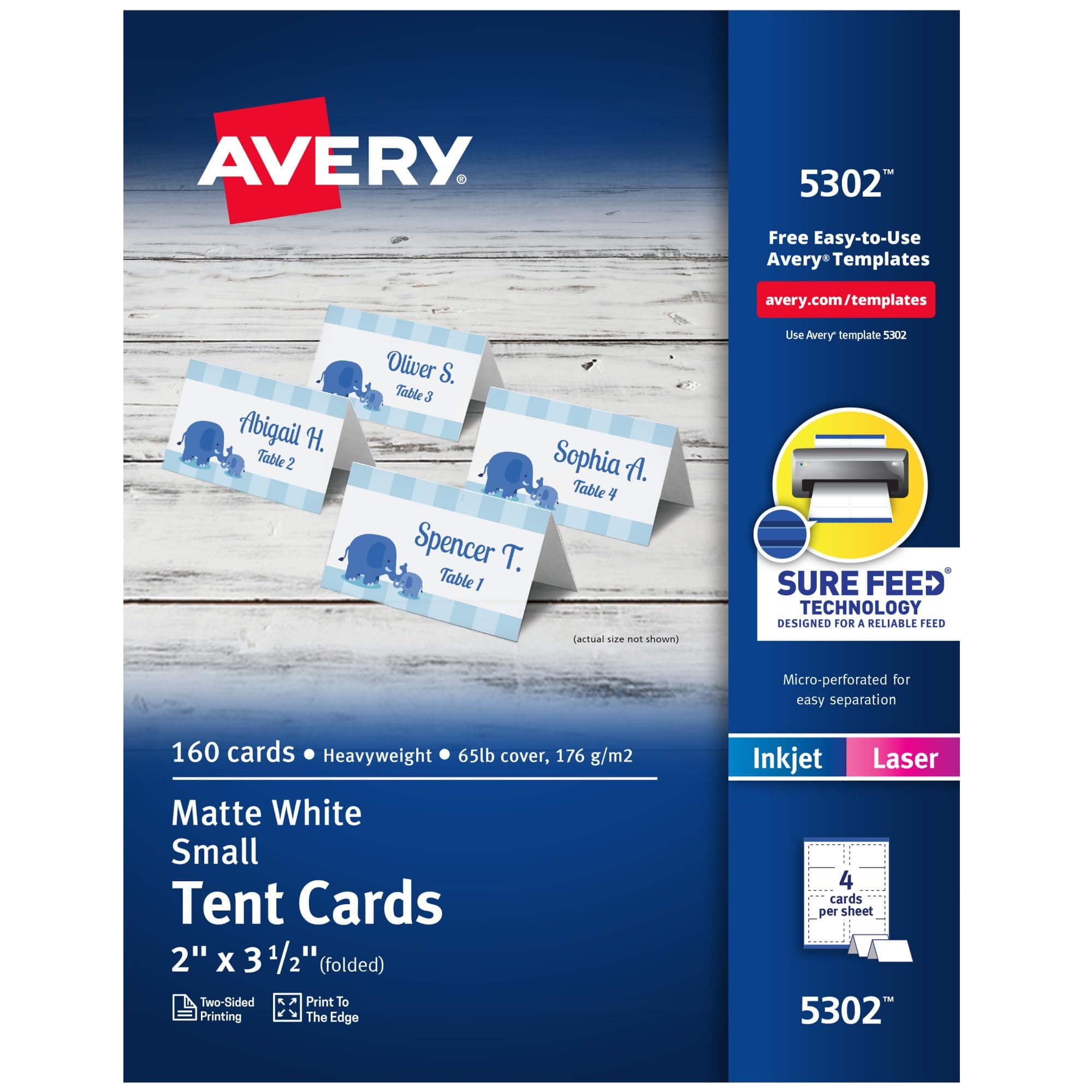 Avery Printable Tent Cards with Sure Feed Technology, 2" x 3.5", White, 160 Blank Place Cards for Laser or Inkjet Printers (5302) chez Amazon US