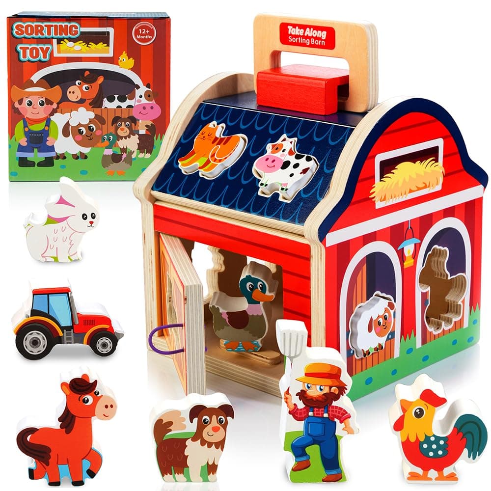 Montessori Toys for 1 2 3 Year Old Girls Boys Wooden Farm Animals Toy | Take Along Shape Sorter with Handle Door Chunky Blocks chez Amazon UK