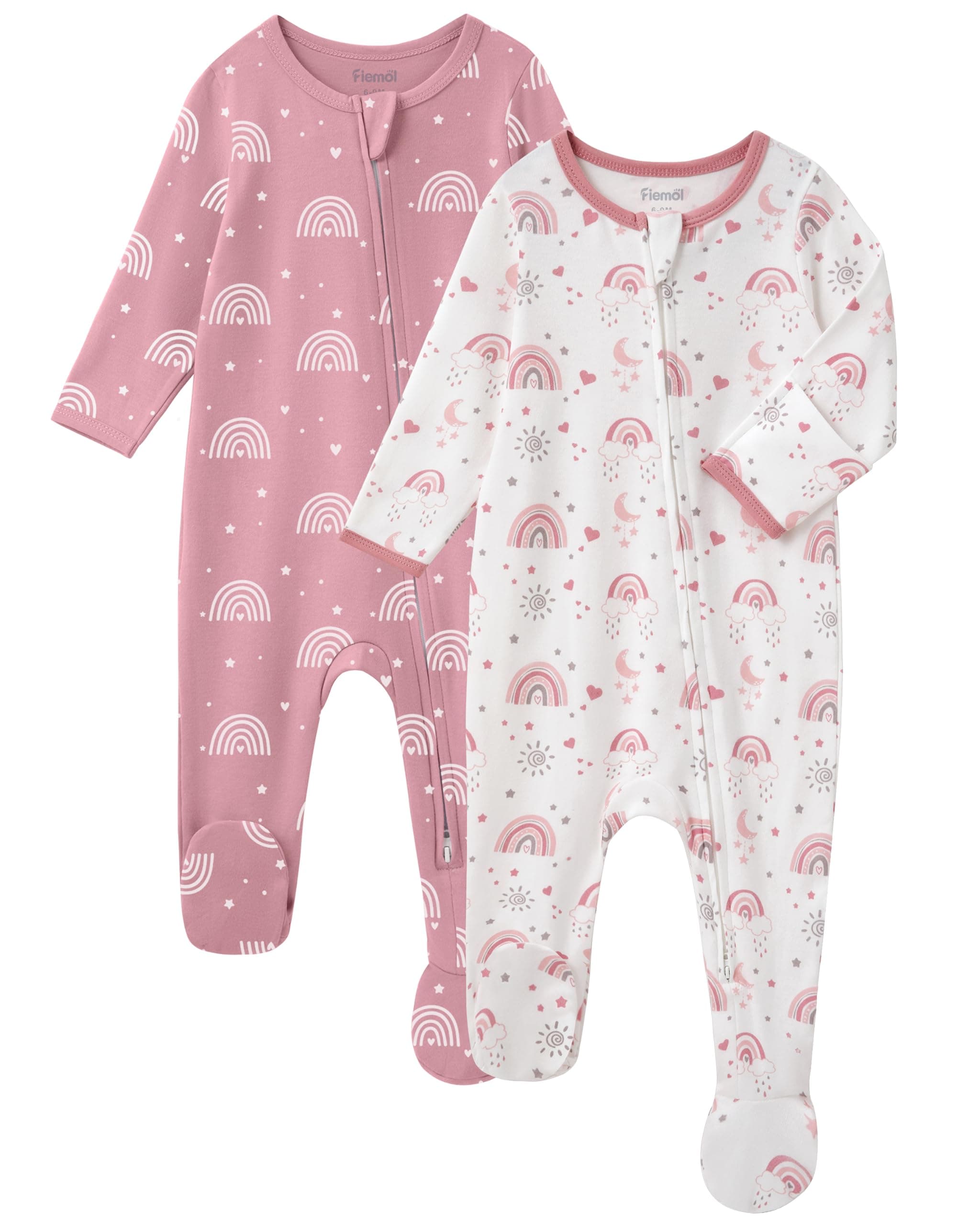FIEMOL Baby Girl Sleepers 100% Cotton Footie Pajamas Newborn 0-3 3-6 6-9 Months with 2-Way Zipper, 2pcs PJs Baby Girl Clothes chez Amazon US