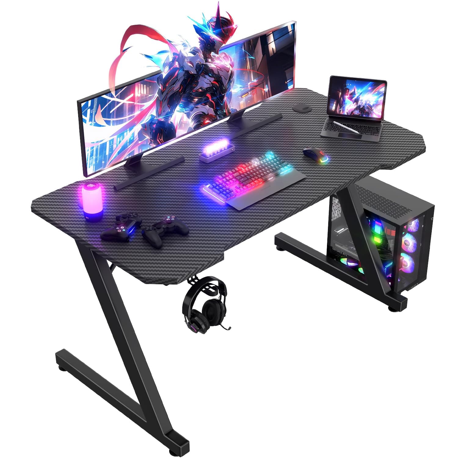 JUMMICO Gaming Desk 120 x 60 cm, Z Shaped Gaming Table Computer Desk PC Gamer Desk for Home Office, Gaming Desk with Headphone Hook, Black chez Amazon UK