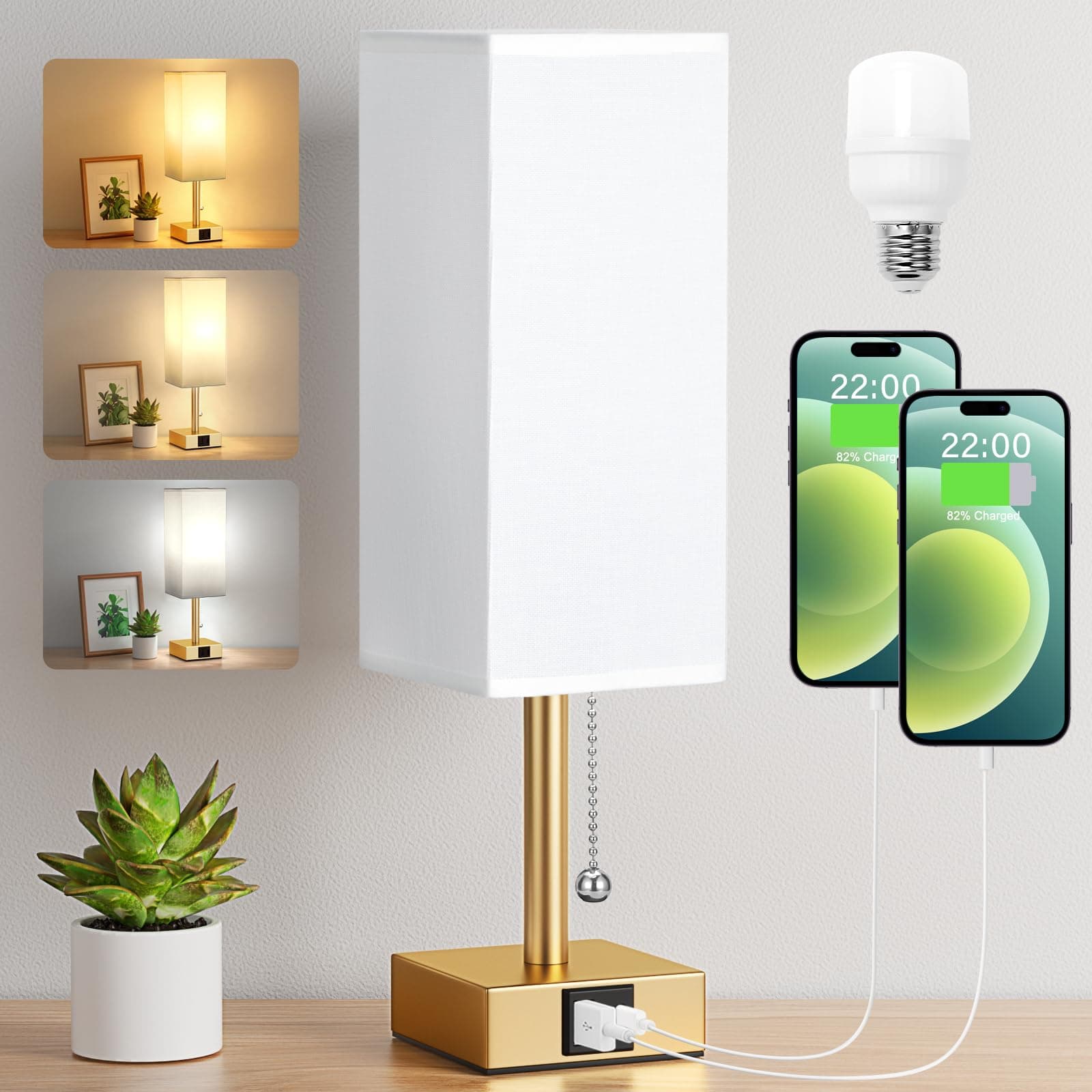 Aooshine Gold Bedside Lamp, Small Lamp with 3-Color Modes with Pull Chain, Lamps with White Fabric Shade(Bulb Included) chez Amazon UK