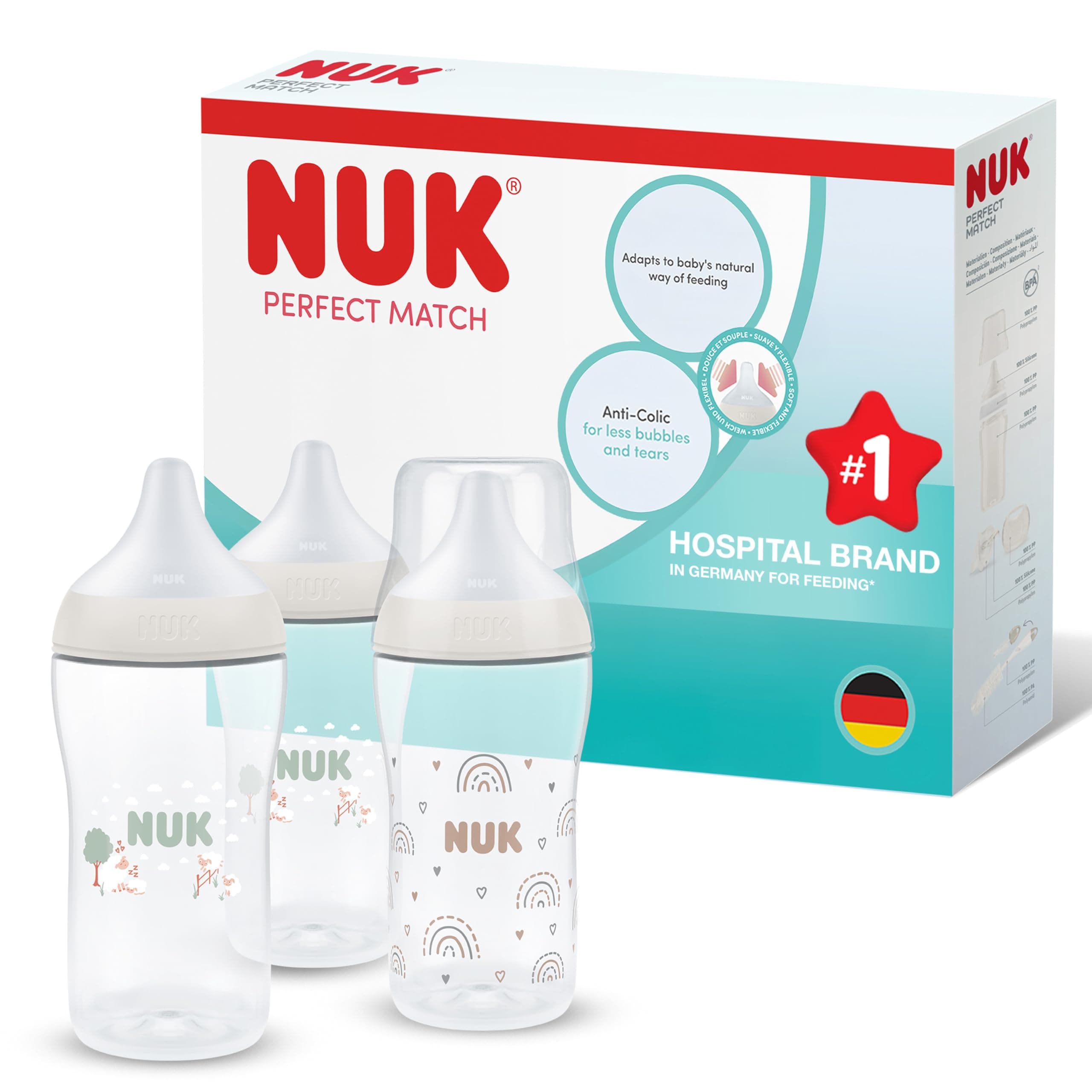 NUK Perfect Match Baby Bottle | 3+ Months | 260ml | Anti Colic Feeding Bottle | PP | Temperature Control Indicator | Sheep | 3 Count chez Amazon UK