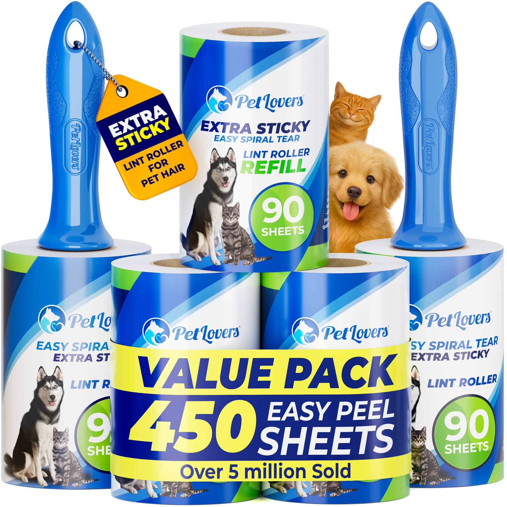 PetLovers Extra Sticky Lint Roller Mega Value Set 450 Sheets for Pet Hair Removal and Clothes, Dog and Cat Lint Remover 5 Pack chez Amazon US
