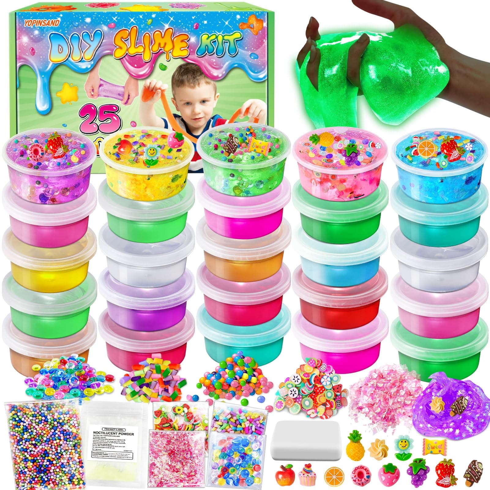 25 Cups DIY Slime Kit, Glow in The Dark, Crystal Clear Slime with Add-ins | Foam Balls, Charms, Party Favors Gift Toys for Kids 3-12 chez Amazon UK