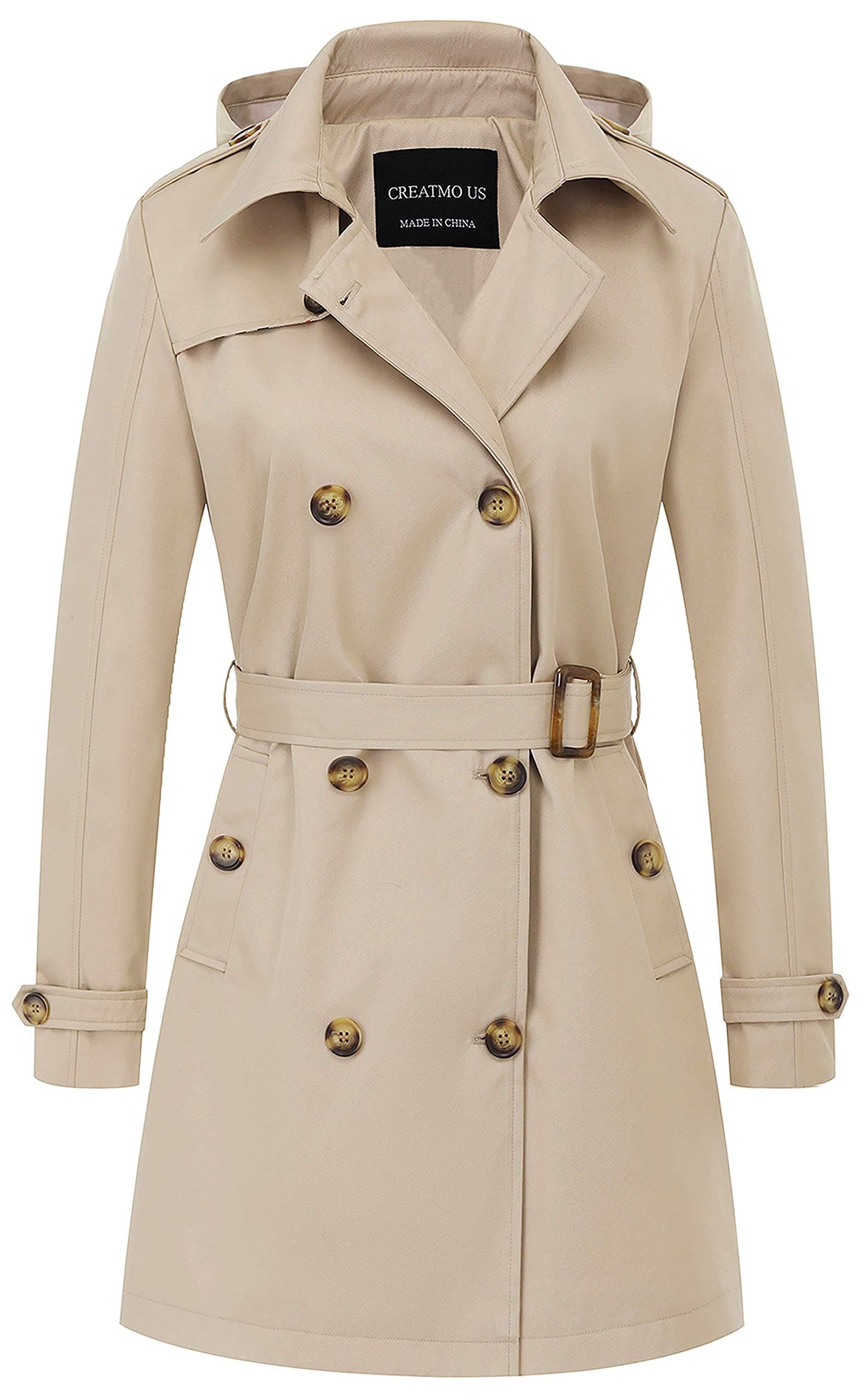 CREATMO US Women's Trench Coat Double-Breasted Classic Lapel Overcoat Belted Slim Outerwear Coat with Detachable Hood chez Amazon US