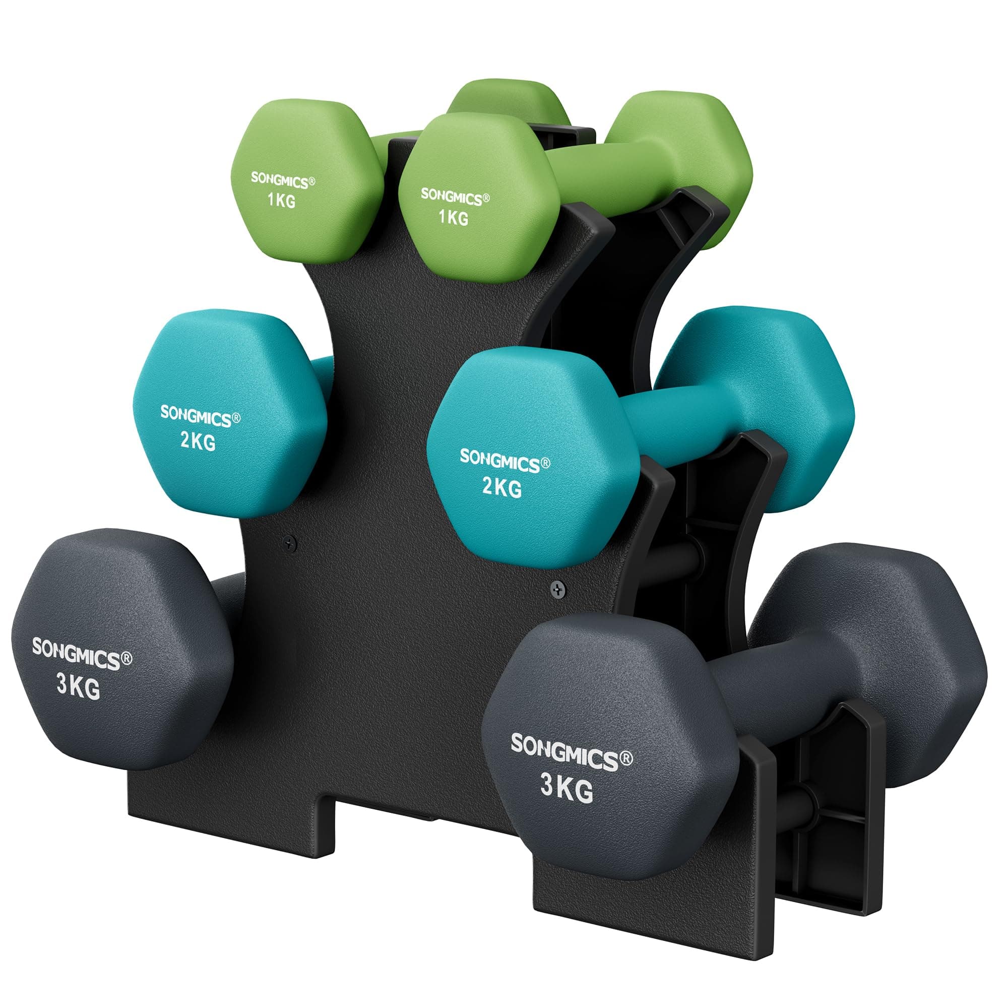 SONGMICS 3 Pairs Dumbbells Set with Stand, 9KG/12KG/18KG Total, Weights for Fitness Training chez Amazon UK