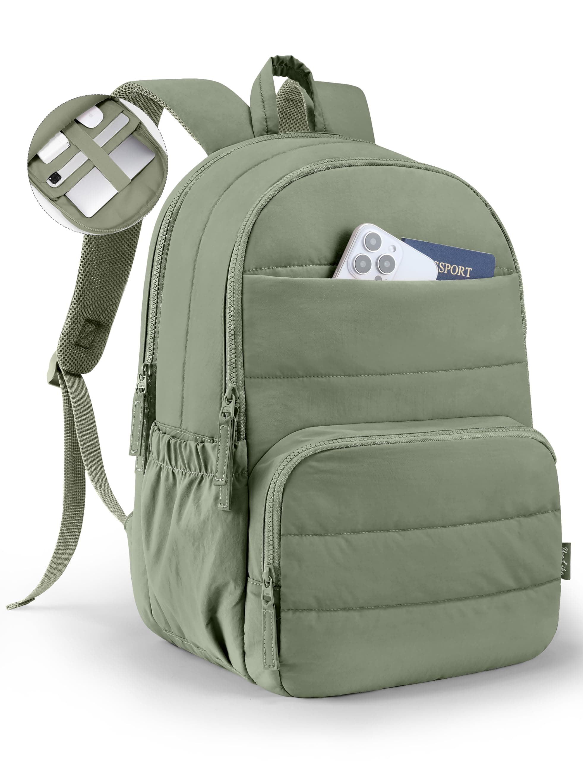 Uselike Travel Backpack for Women, 15.6 Inch Laptop Backpack, Quilted College Bookbag, Cute Work Backpacks, Water Resistant (Sage Green) chez Amazon US