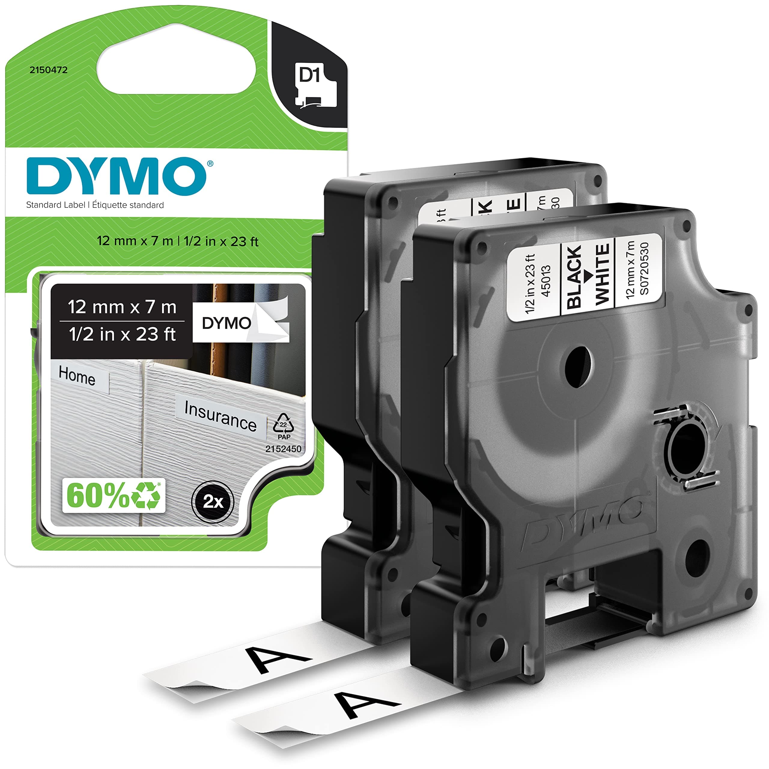 DYMO Authentic D1 Labels | Black Print on White | 12mm x 7m | Self-Adhesive Labels for LabelManager Label Printers | 2 Count chez Amazon UK