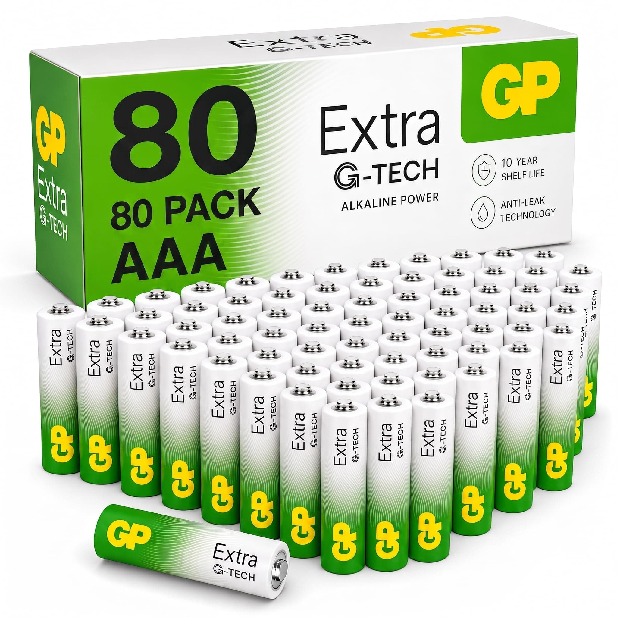 GP Extra AAA Batteries Bulk Pack of 80 1.5V Alkaline 10 Yr Life - Anti-Leak chez Amazon UK
