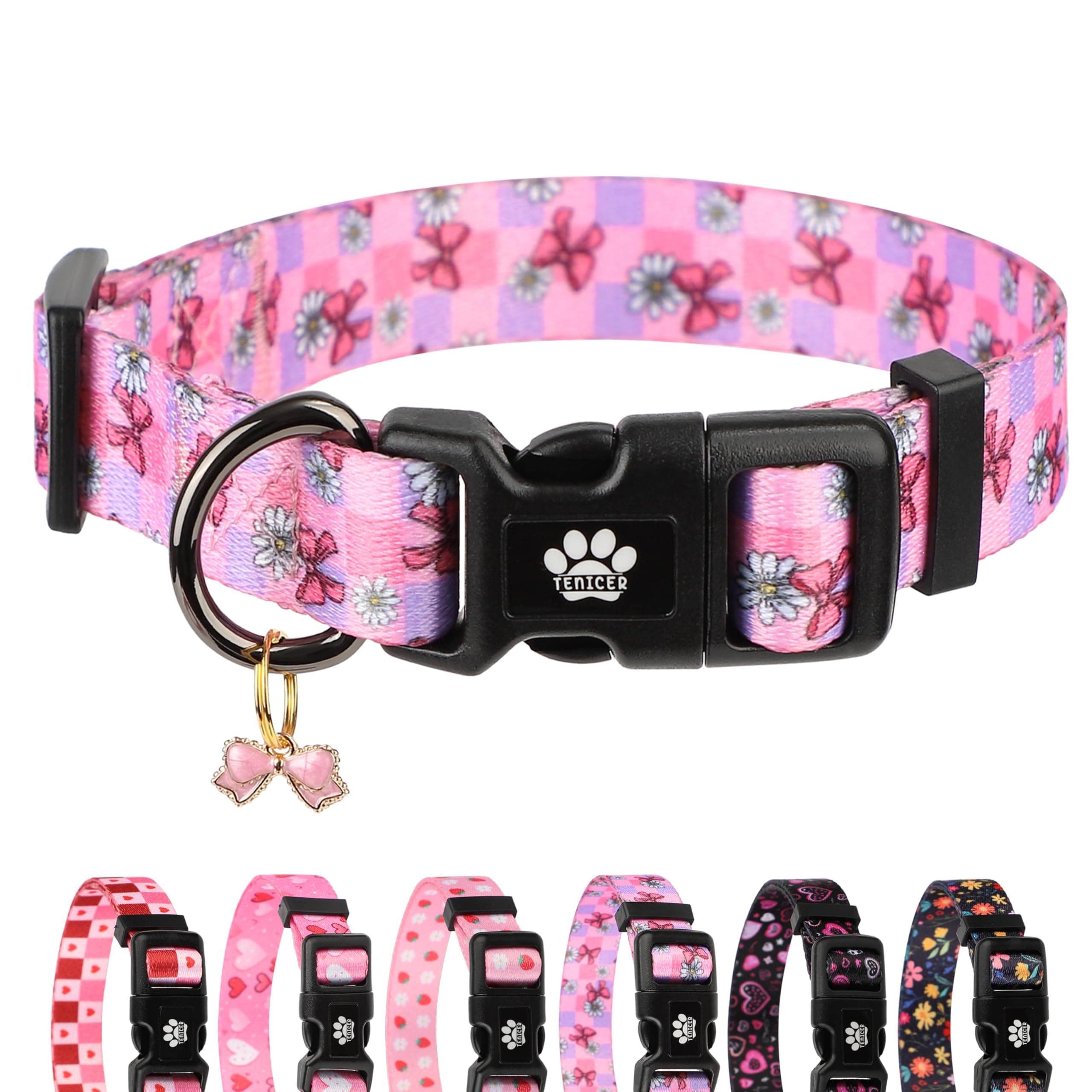 TENICER Pink Bow Dog Collar, Cute Spring Summer White Floral Checkered Grid Pet Collars for Puppy Small Medium Large Boy Girl Dogs-S chez Amazon US